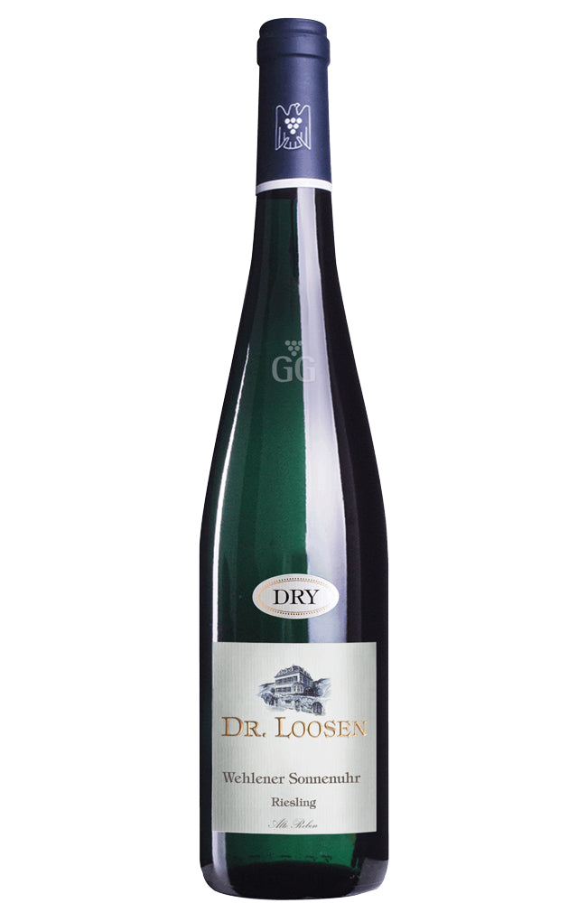 A bottle of Dr. Loosen Wehlener Sonnenuhr Riesling Grosses Gewachs Alte Reben dry white wine, featuring a dark green glass bottle, a dark blue foil seal, and a white label with gold lettering on a plain white background