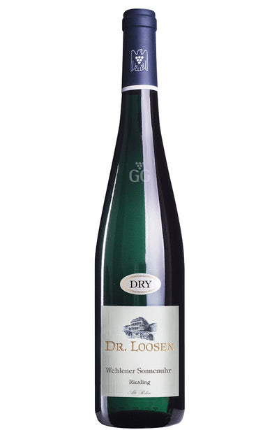 A bottle of Dr. Loosen Wehlener Sonnenuhr Riesling Grosses Gewachs Alte Reben dry white wine, featuring a dark green glass bottle, a dark blue foil seal, and a white label with gold lettering on a plain white background