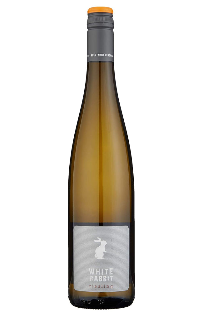 Ress Family Wines White Rabbit Riesling Wine bottle with a grey label and White Rabbit silhouette on a white background