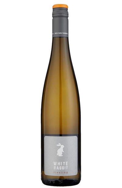 Ress Family Wines White Rabbit Riesling Wine bottle with a grey label and White Rabbit silhouette on a white background