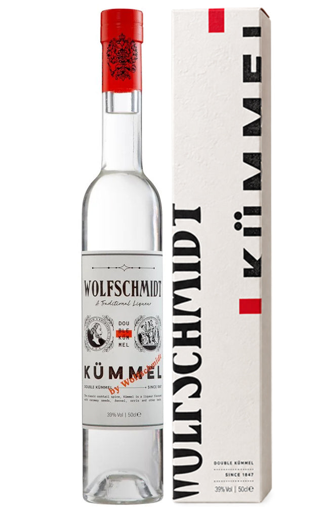 Bottle of Wolfschmidt Kummel next to its Gift Box Packaging