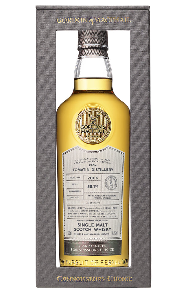 Gordon & MacPhail Connoisseurs Choice 15 Year Old Tomatin Cask Strength Single Highland Malt Scotch Whisky 2006 Bottle